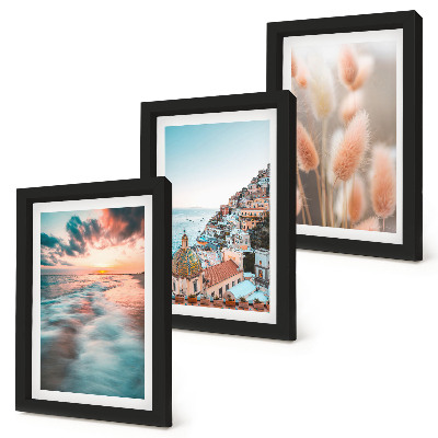 Gallery wall Uitzicht op zee, zonsondergang, kleurrijke huizen en bloemen