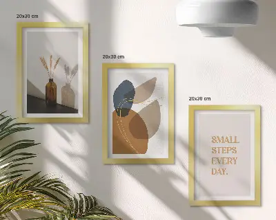 Set ingelijste schilderijen met abstracte vormen en natuurlijke accenten
