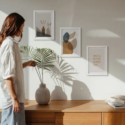 Set ingelijste schilderijen met abstracte vormen en natuurlijke accenten
