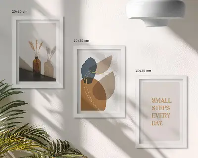 Set ingelijste schilderijen met abstracte vormen en natuurlijke accenten