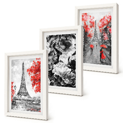 Gallery wall Grijze schilderijen van de Eiffeltoren met rode accenten.
