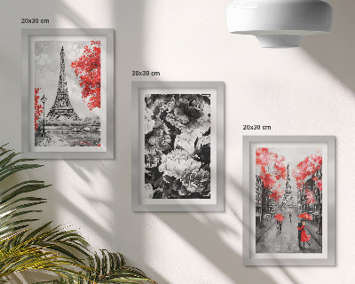 Gallery wall Grijze schilderijen van de Eiffeltoren met rode accenten.