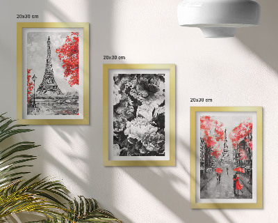 Gallery wall Grijze schilderijen van de Eiffeltoren met rode accenten.