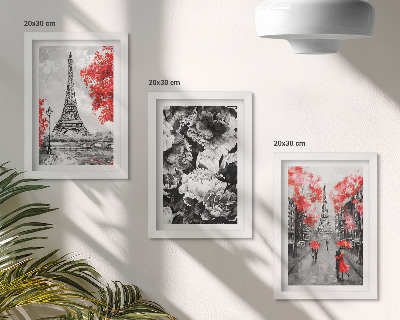 Gallery wall Grijze schilderijen van de Eiffeltoren met rode accenten.