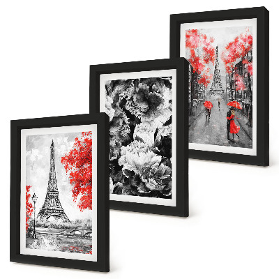 Gallery wall Grijze schilderijen van de Eiffeltoren met rode accenten.