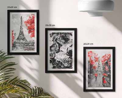 Gallery wall Grijze schilderijen van de Eiffeltoren met rode accenten.
