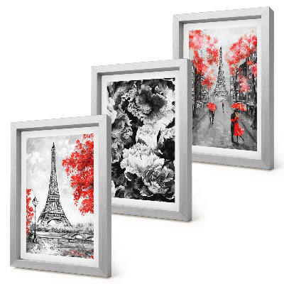 Gallery wall Grijze schilderijen van de Eiffeltoren met rode accenten.
