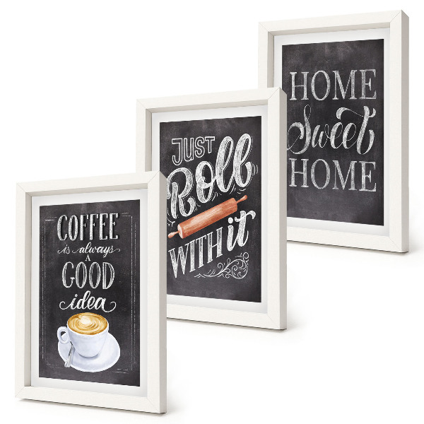 Set van ingelijste schilderijen Koffie, roller, huiselijke warmte en gezelligheid.