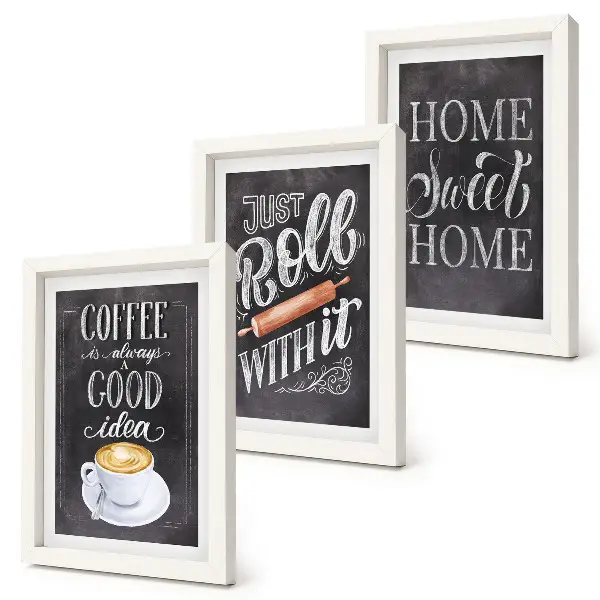 Set van ingelijste schilderijen met koffie, roller en een huiselijke sfeer