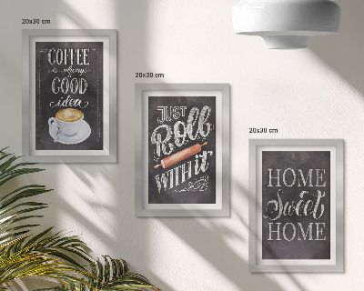 Set van ingelijste schilderijen Koffie, roller, huiselijke warmte en gezelligheid.