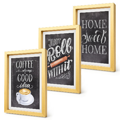 Set van ingelijste schilderijen Koffie, roller, huiselijke warmte en gezelligheid.
