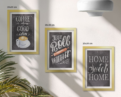 Set van ingelijste schilderijen Koffie, roller, huiselijke warmte en gezelligheid.