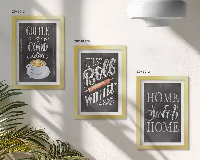 Set van ingelijste schilderijen met koffie, roller en een huiselijke sfeer