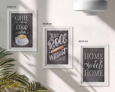 Set van ingelijste schilderijen Koffie, roller, huiselijke warmte en gezelligheid.