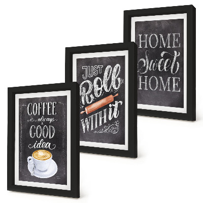 Set van ingelijste schilderijen Koffie, roller, huiselijke warmte en gezelligheid.