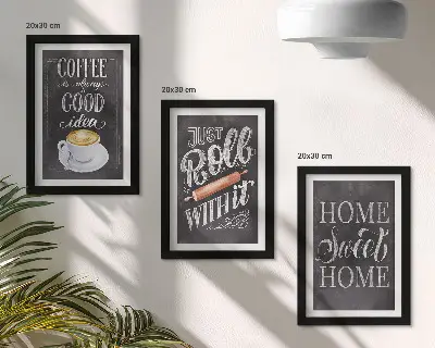 Set van ingelijste schilderijen met koffie, roller en een huiselijke sfeer