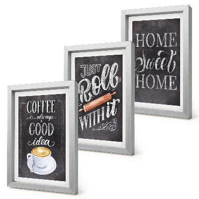 Set van ingelijste schilderijen Koffie, roller, huiselijke warmte en gezelligheid.