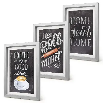 Set van ingelijste schilderijen met koffie, roller en een huiselijke sfeer