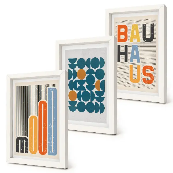 Set van ingelijste schilderijen met geometrische patronen in Bauhaus-stijl