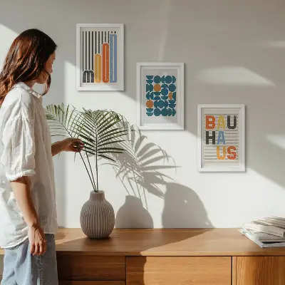 Set van ingelijste schilderijen met geometrische patronen in Bauhaus-stijl