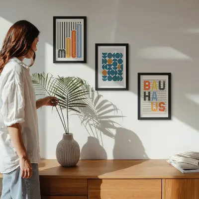 Set van ingelijste schilderijen met geometrische patronen in Bauhaus-stijl
