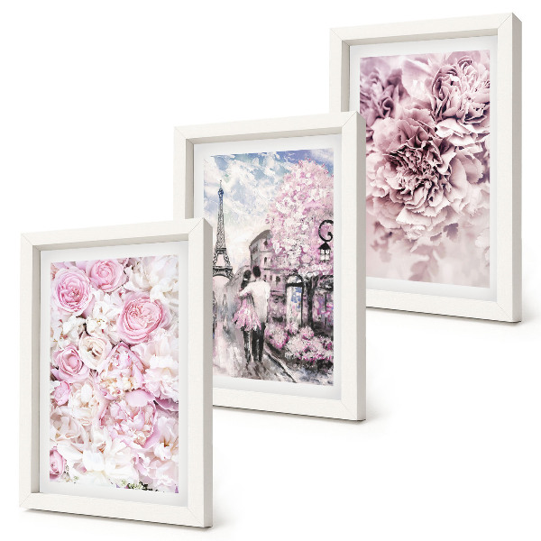 Set van ingelijste schilderijen Bloemen in verschillende tinten roze, romantisch landschap