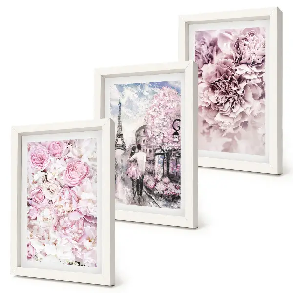 Set ingelijste schilderijen met romantisch landschap van bloemen in roze tinten