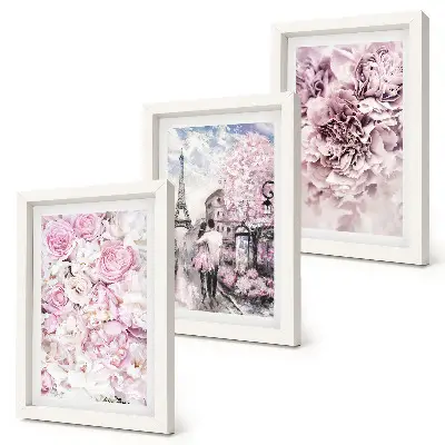 Set ingelijste schilderijen met romantisch landschap van bloemen in roze tinten