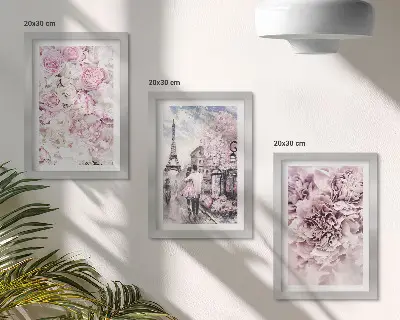 Set ingelijste schilderijen met romantisch landschap van bloemen in roze tinten