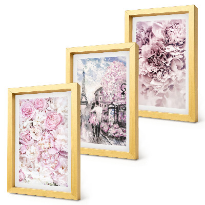 Set van ingelijste schilderijen Bloemen in verschillende tinten roze, romantisch landschap