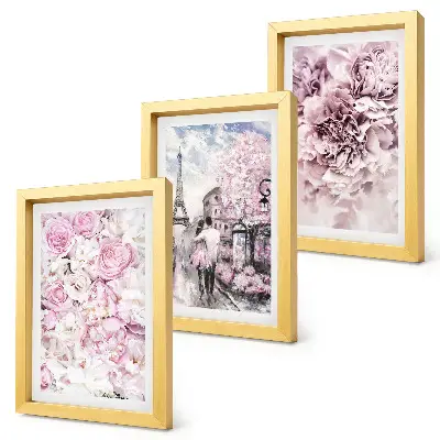 Set ingelijste schilderijen met romantisch landschap van bloemen in roze tinten