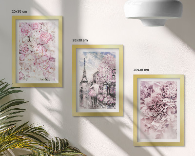 Set van ingelijste schilderijen Bloemen in verschillende tinten roze, romantisch landschap