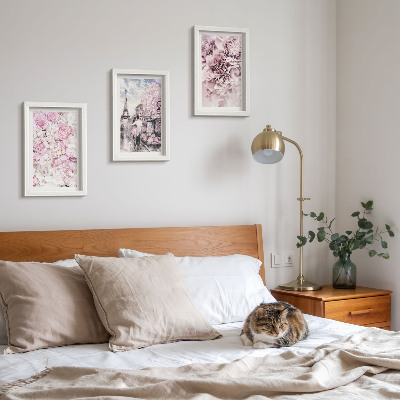 Set van ingelijste schilderijen Bloemen in verschillende tinten roze, romantisch landschap