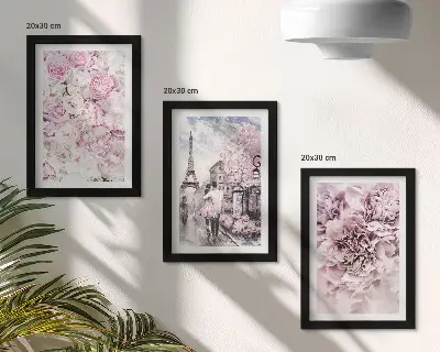 Set ingelijste schilderijen met romantisch landschap van bloemen in roze tinten