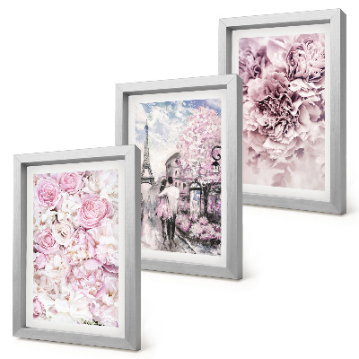 Set van ingelijste schilderijen Bloemen in verschillende tinten roze, romantisch landschap