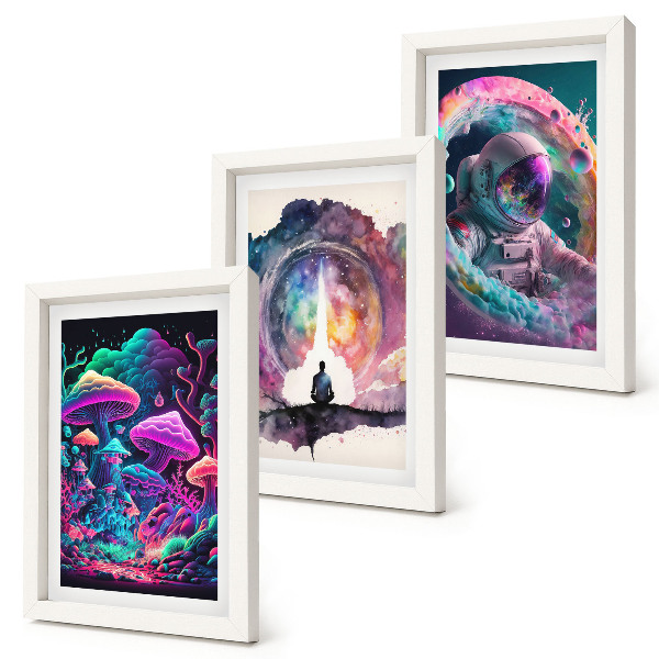 Set van ingelijste schilderijen Kleurrijke illustraties in een fantasie-kunststijl.