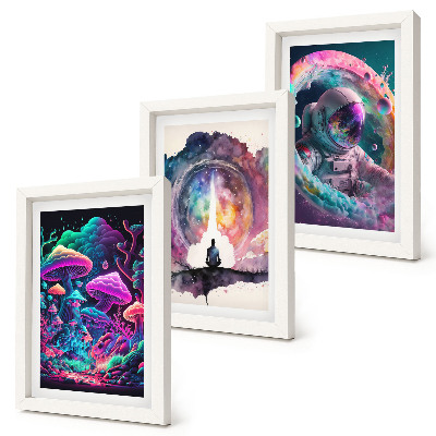 Set van ingelijste schilderijen Kleurrijke illustraties in een fantasie-kunststijl.