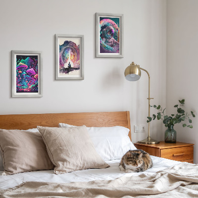 Set van ingelijste schilderijen Kleurrijke illustraties in een fantasie-kunststijl.