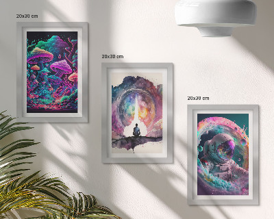 Set van ingelijste schilderijen Kleurrijke illustraties in een fantasie-kunststijl.