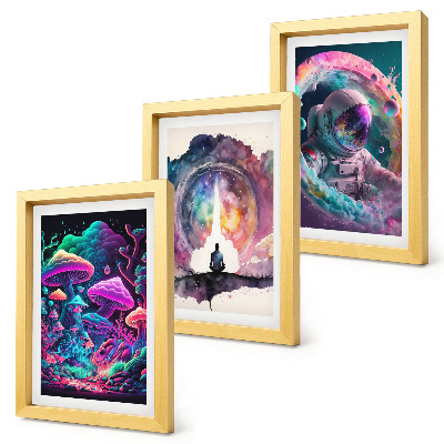 Set van ingelijste schilderijen Kleurrijke illustraties in een fantasie-kunststijl.