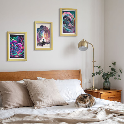 Set van ingelijste schilderijen Kleurrijke illustraties in een fantasie-kunststijl.
