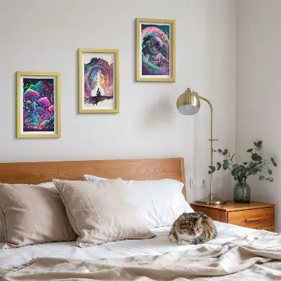 Set ingelijste schilderijen met kleurrijke illustraties in fantasie-kunststijl