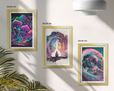 Set van ingelijste schilderijen Kleurrijke illustraties in een fantasie-kunststijl.