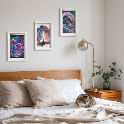 Set van ingelijste schilderijen Kleurrijke illustraties in een fantasie-kunststijl.