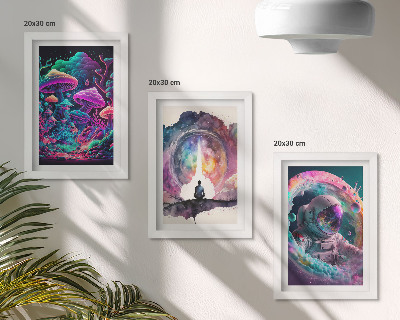 Set van ingelijste schilderijen Kleurrijke illustraties in een fantasie-kunststijl.