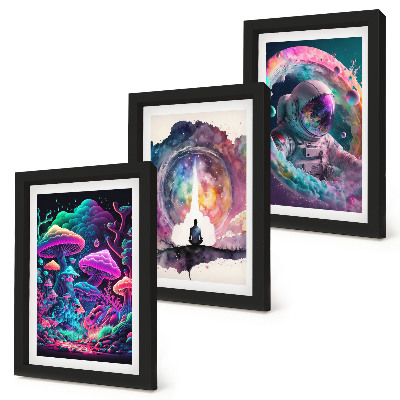 Set van ingelijste schilderijen Kleurrijke illustraties in een fantasie-kunststijl.