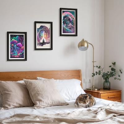 Set van ingelijste schilderijen Kleurrijke illustraties in een fantasie-kunststijl.