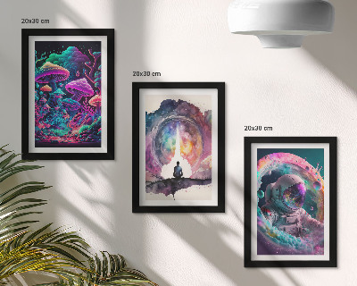 Set van ingelijste schilderijen Kleurrijke illustraties in een fantasie-kunststijl.