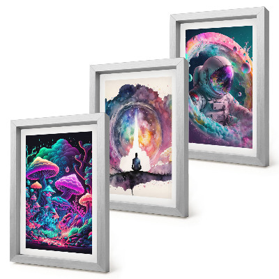 Set van ingelijste schilderijen Kleurrijke illustraties in een fantasie-kunststijl.