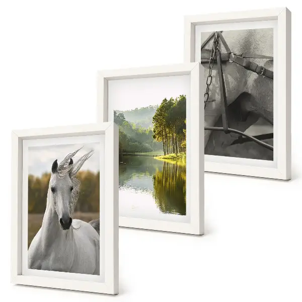 Gallery wall witte paarden bij de rivier in een natuurlijk landschap